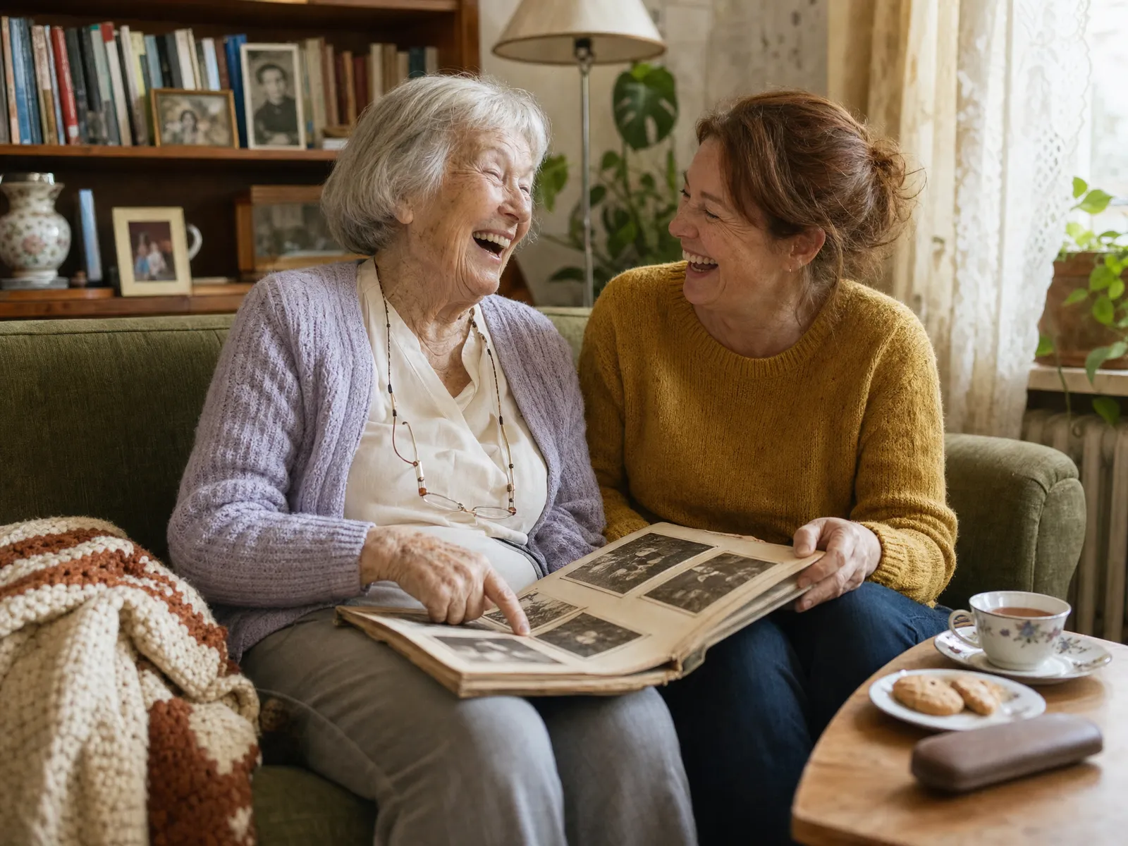Betreuerin und ältere Dame lachen gemeinsam beim Anschauen eines Fotoalbums