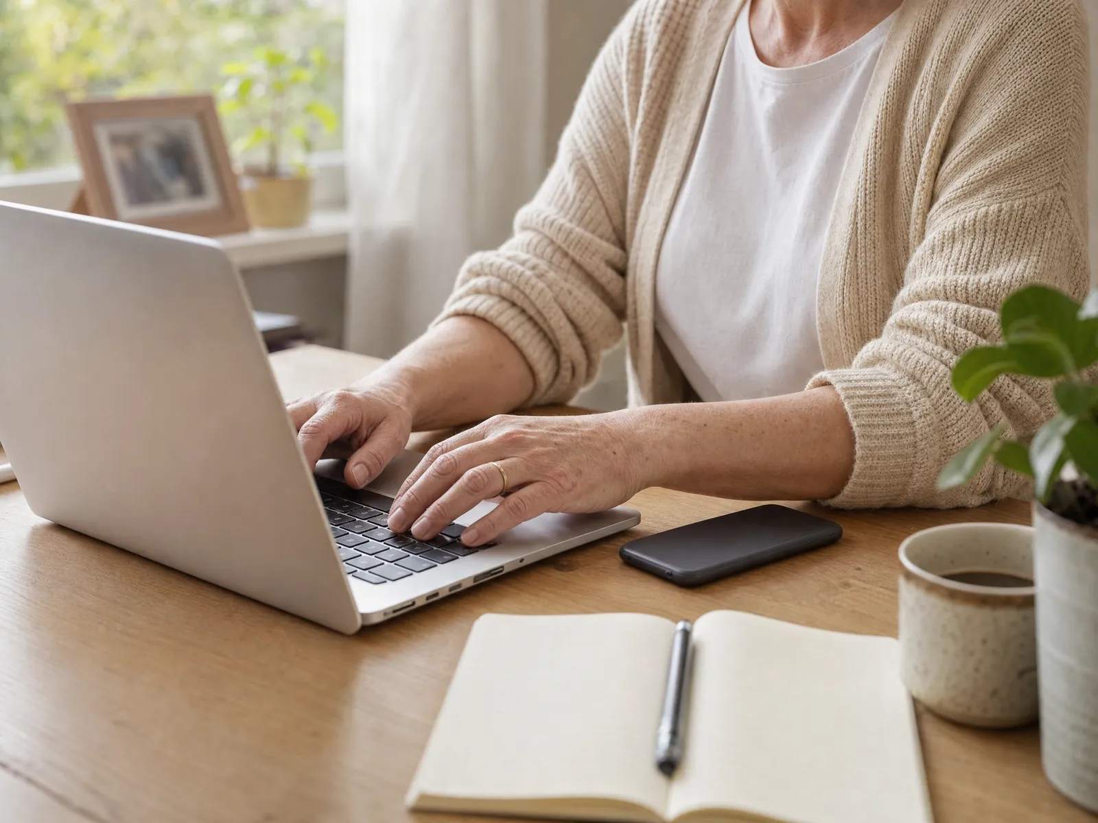 Arbeitsplatz mit Laptop, Handy und Kalender – Organisation der Betreuung