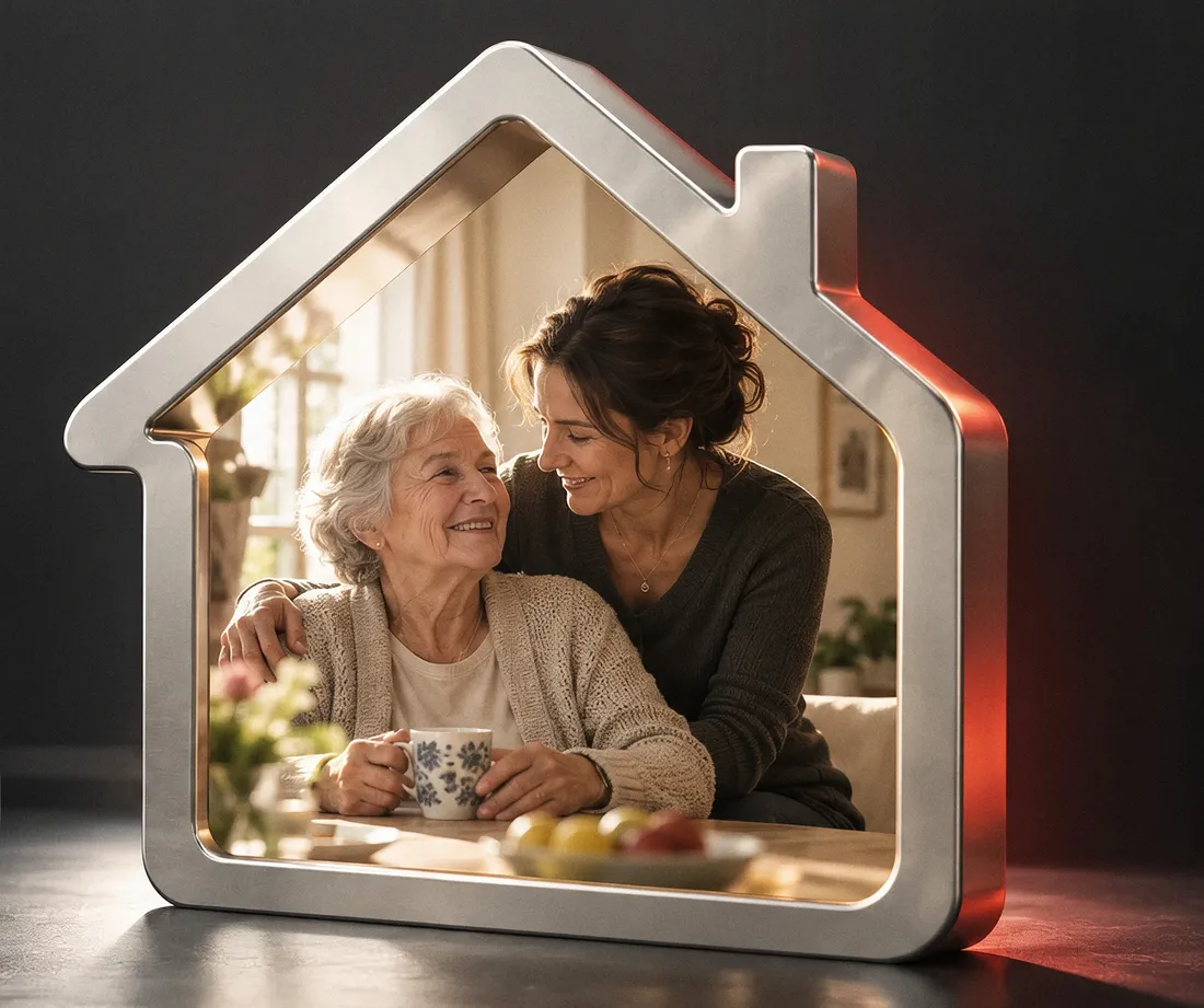 Silbernes Haus-Symbol, darin eine Betreuerin, die eine lächelnde Seniorin mit einer Tasse Tee umarmt